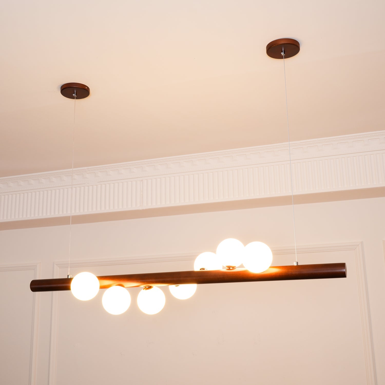 Contemporary Scandinavian Wooden Pendant Light — Linear Staggered Globes