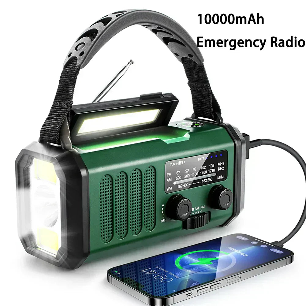 רדיו חירום סולארי עם ידית הפעלה, סוללה 10000mAh, NOAA, פאוור בנק ופנס