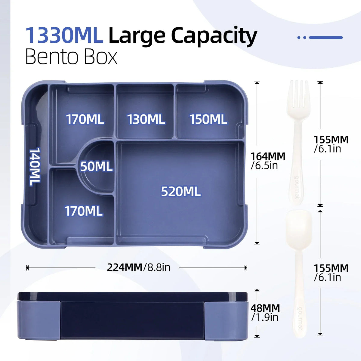 Portapranzo da 1330 ml con 7 scomparti — a tenuta stagna, adatto al microonde + posate