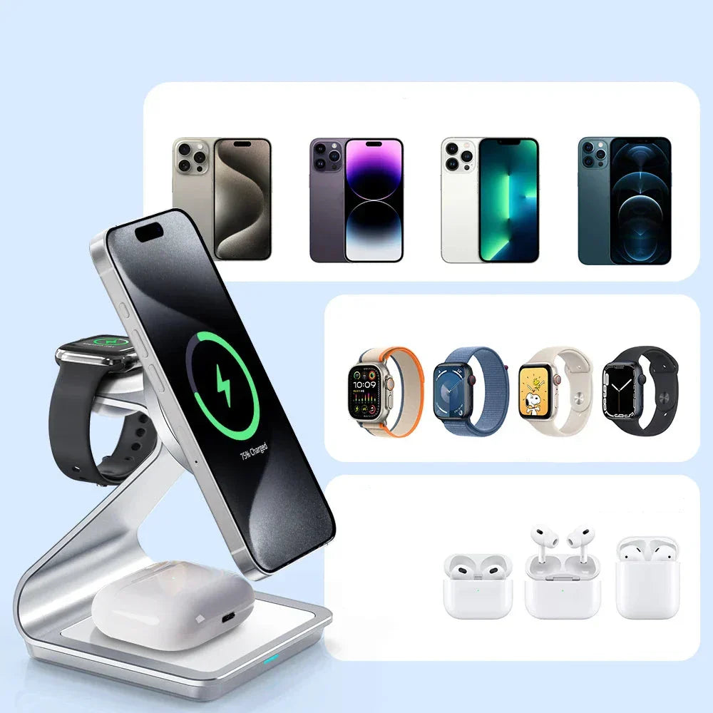AuroraCharge | شاحن لاسلكي مغناطيسي 3 في 1 بقوة 30 واط لـ iPhone وApple Watch وAirPods | Orntli