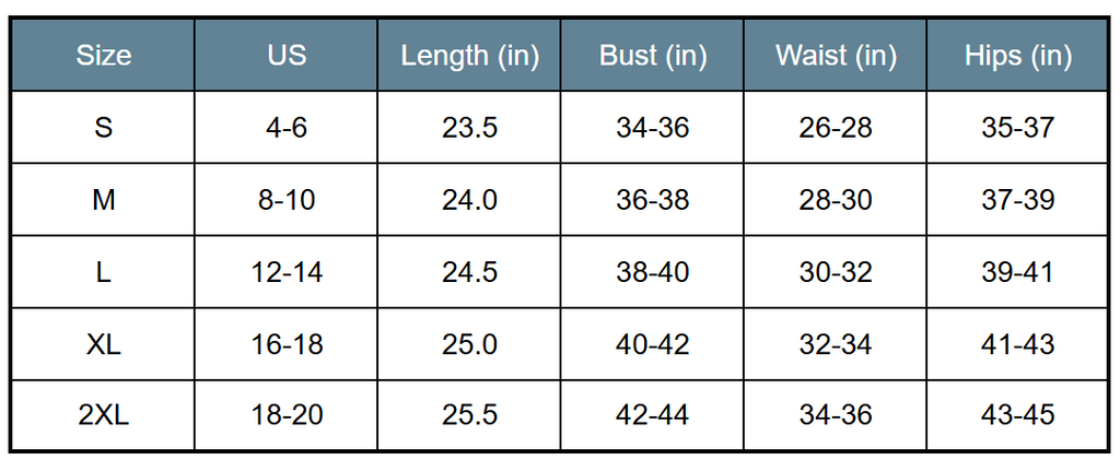 Size chart with US size, length, bust, waist and hip measurements