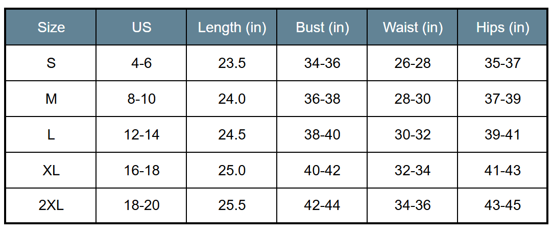 Size chart with US size, length, bust, waist and hip measurements
