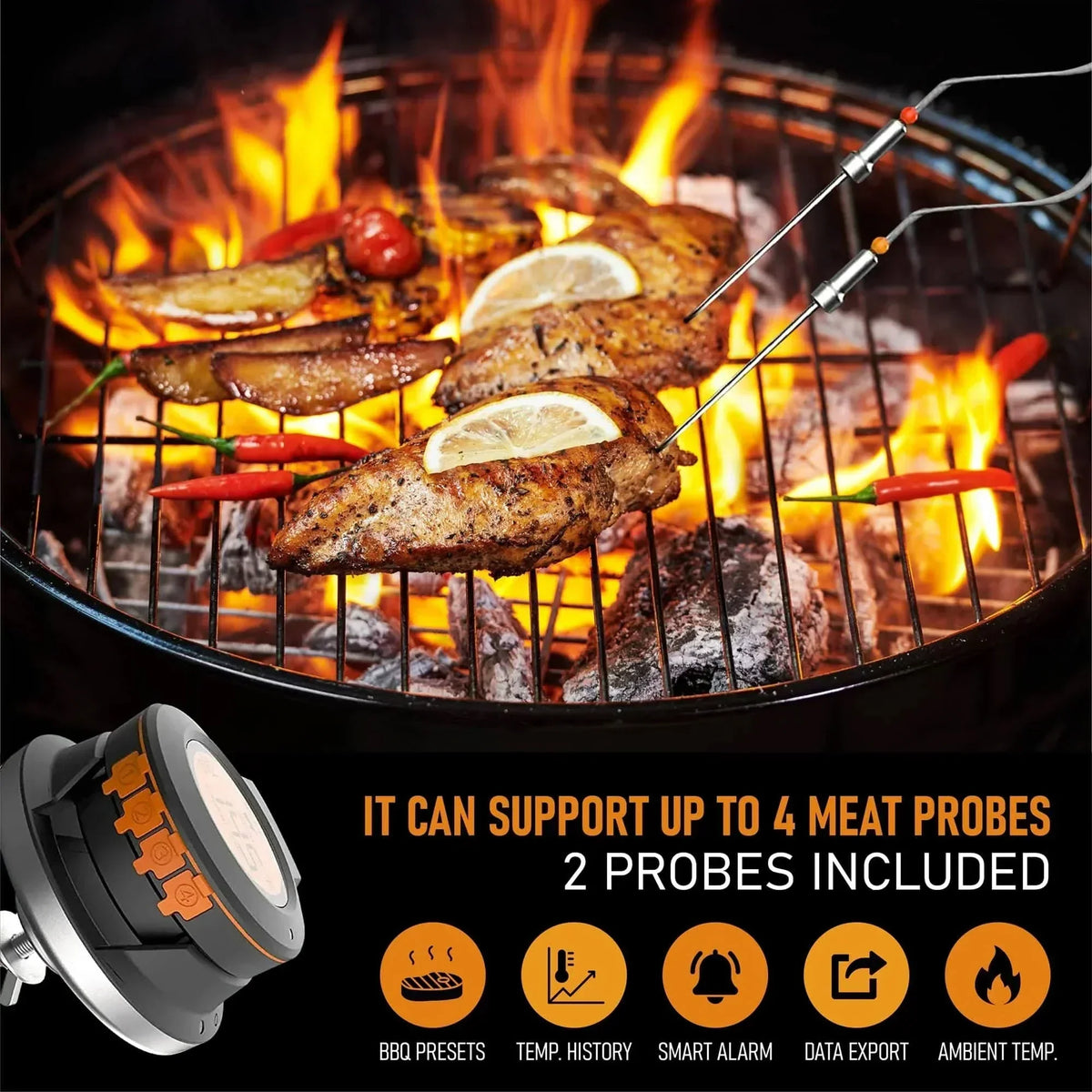 Termometro per carne wireless AeroTemp Pro per barbecue con Bluetooth in tempo reale e quattro sonde
