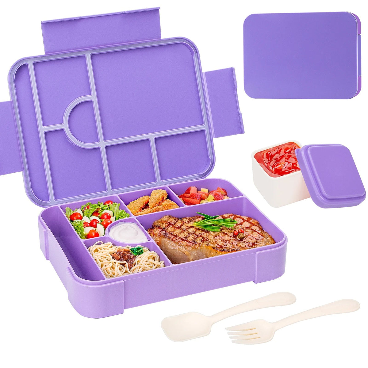 Portapranzo da 1330 ml con 7 scomparti — a tenuta stagna, adatto al microonde + posate