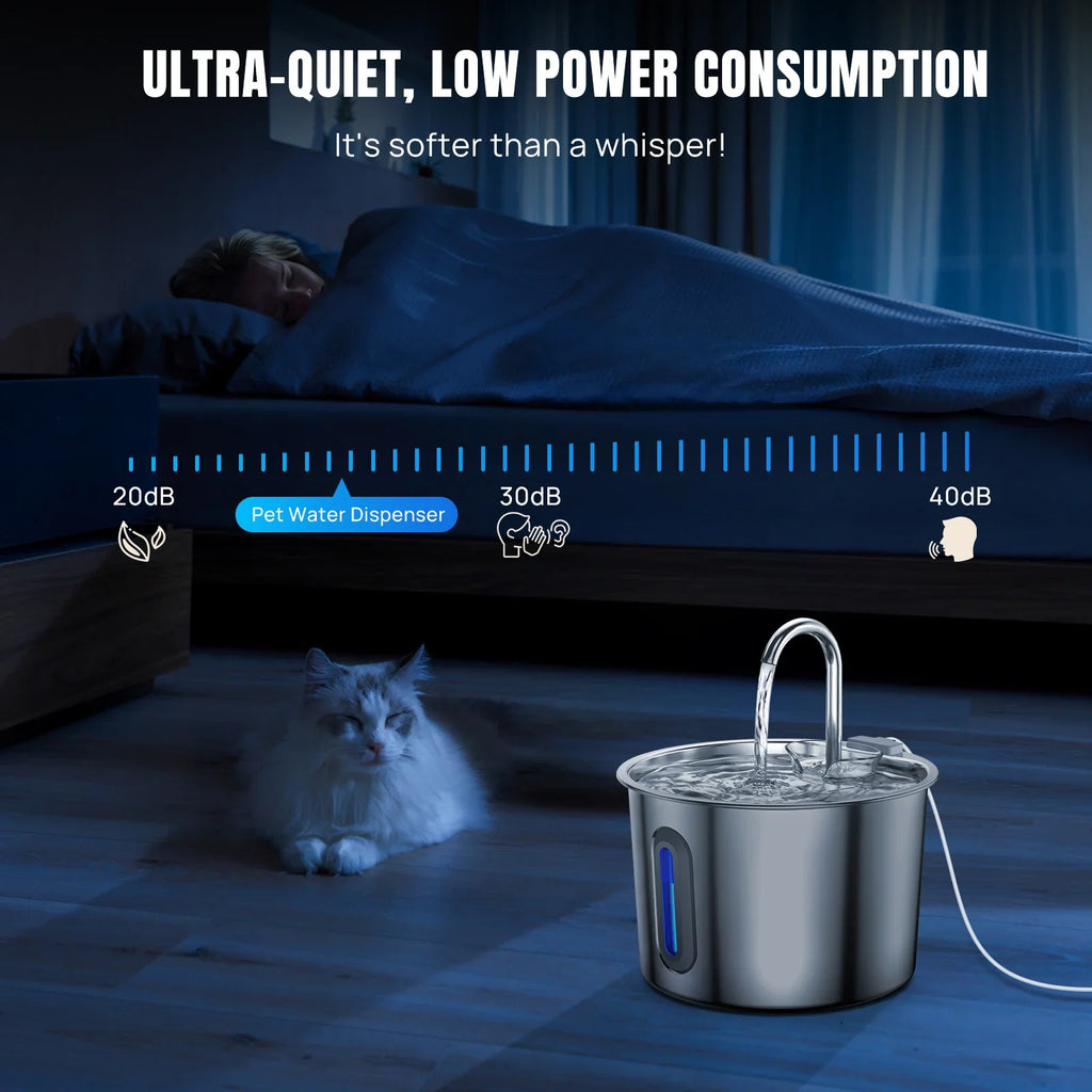 Cat Water Fountain - 304 Stainless Steel - 2.2L - Triple Filter - Quiet 5V Pump