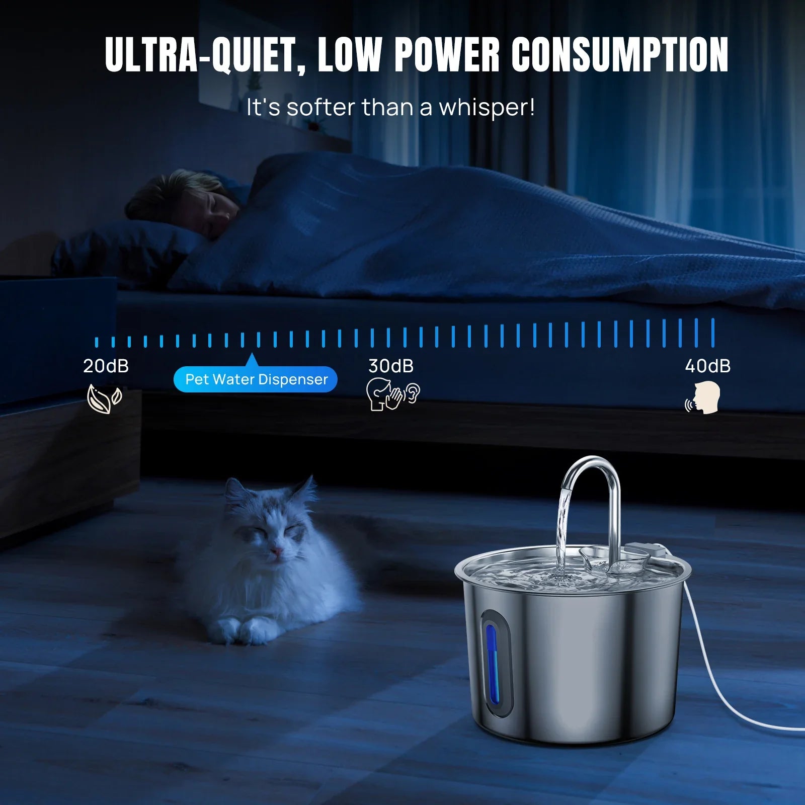 Cat Water Fountain - 304 Stainless Steel - 2.2L - Triple Filter - Quiet 5V Pump