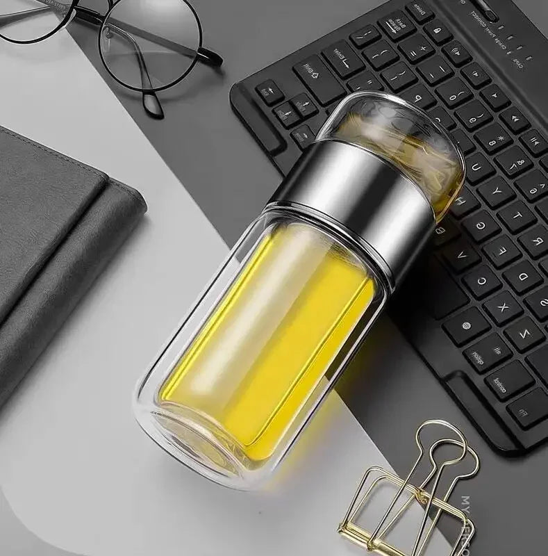 Glass Tea Infuser Bottle – Double-Wall, Separate Tea Chamber, Leakproof, 430 ml