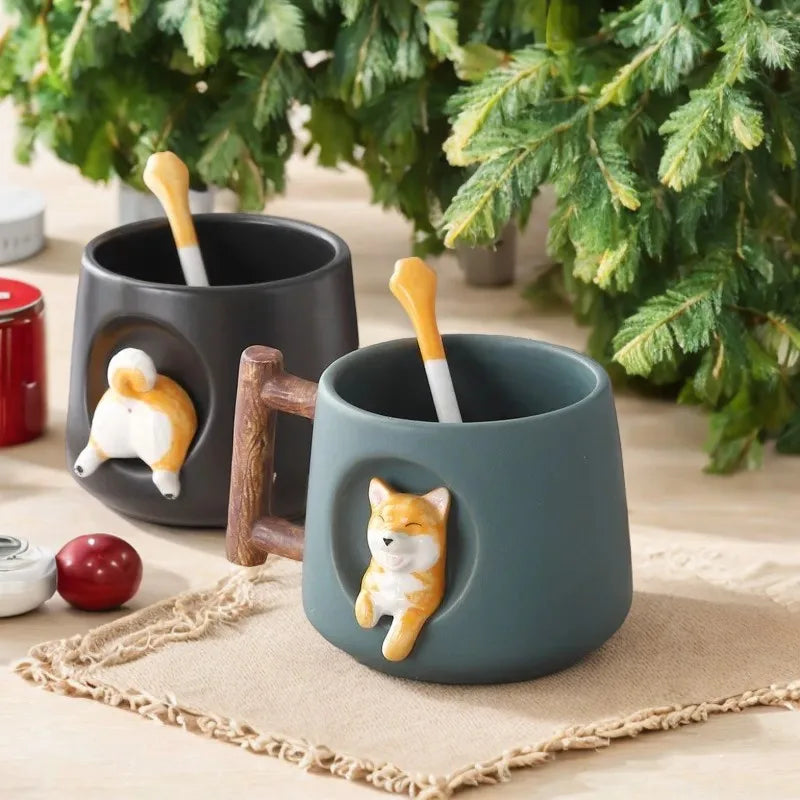 Shiba Inu Keramik-Paarbecher mit Löffel und Deckel – Charmante und kreative Kaffeetasse für Teeliebhaber – Niedlich und bezaubernd