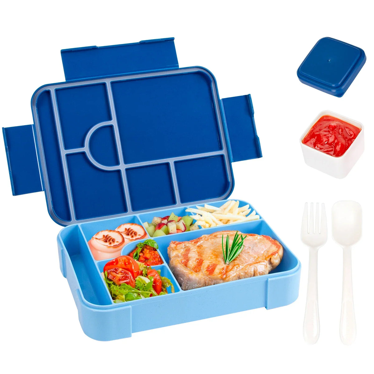 Portapranzo da 1330 ml con 7 scomparti — a tenuta stagna, adatto al microonde + posate