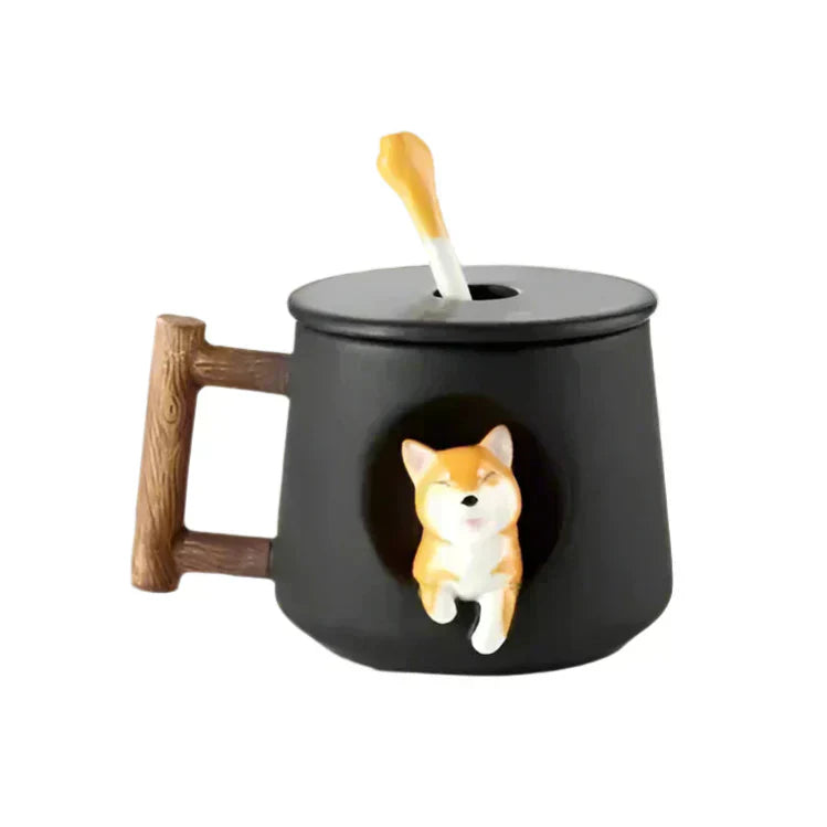Shiba Inu Keramik-Paarbecher mit Löffel und Deckel – Charmante und kreative Kaffeetasse für Teeliebhaber – Niedlich und bezaubernd