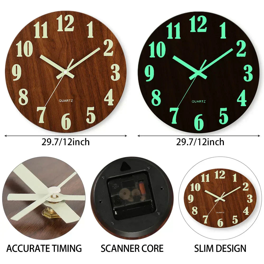 Reloj de Pared de Madera Silencioso y Luminoso