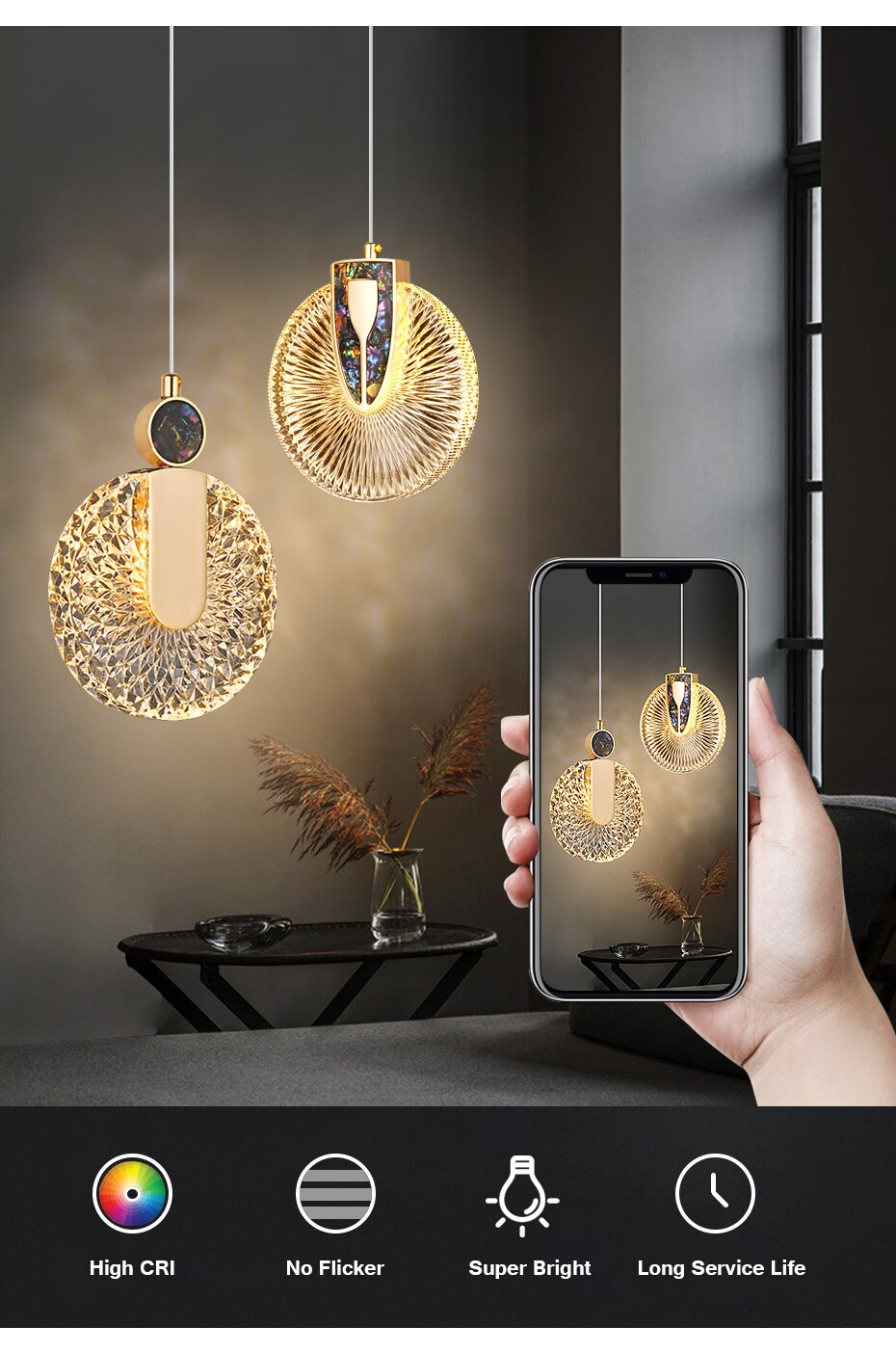Lámpara colgante redonda de cristal con luz LED dorada de lujo DUN