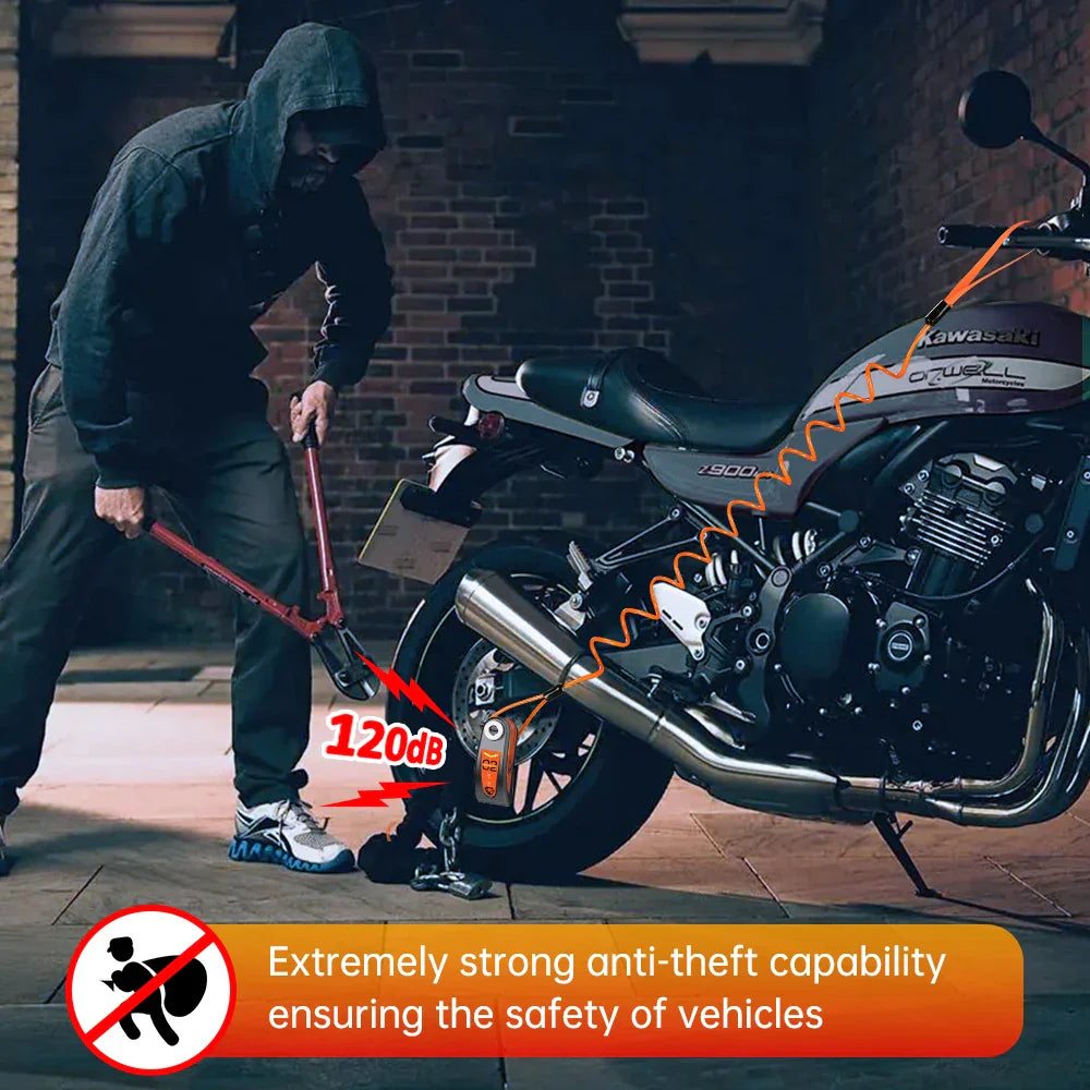Zámek na kotoučovou brzdu - 120dB pohybový alarm - tvrzená ocel - kola motocyklu a skútru - připomínací kabel