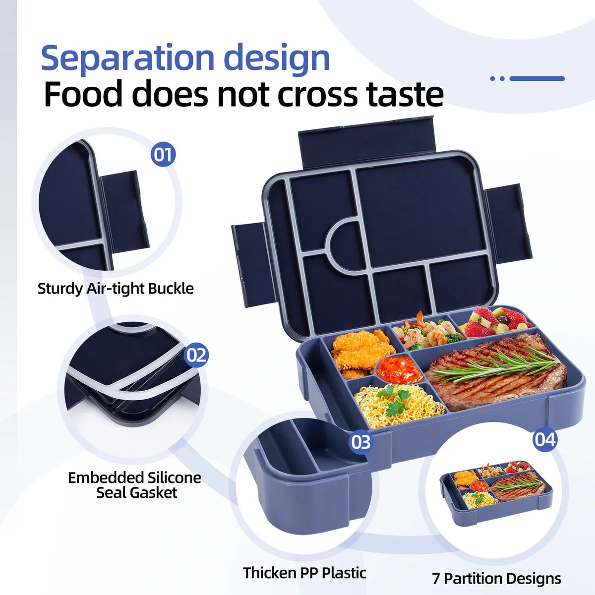 Portapranzo da 1330 ml con 7 scomparti — a tenuta stagna, adatto al microonde + posate