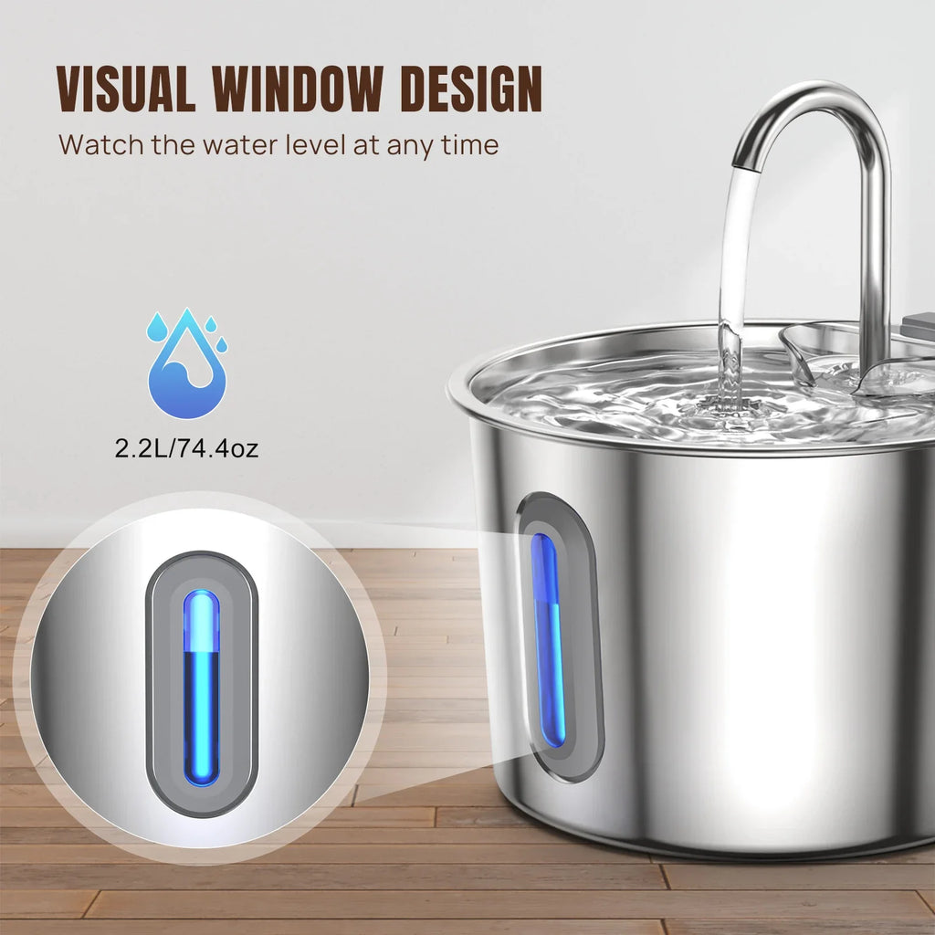 Cat Water Fountain - 304 Stainless Steel - 2.2L - Triple Filter - Quiet 5V Pump