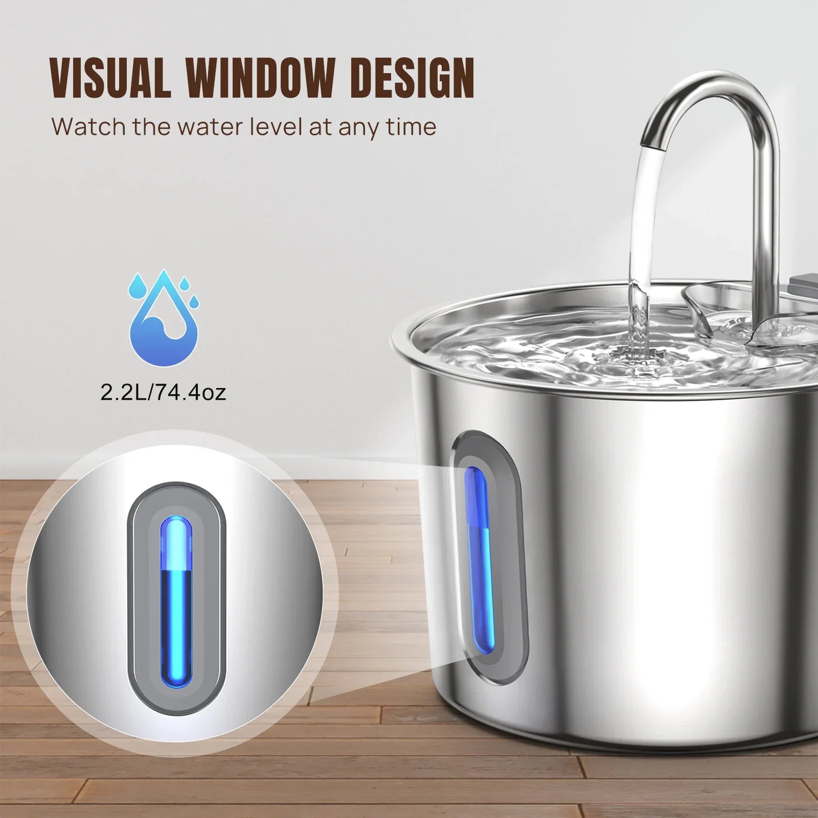 Cat Water Fountain - 304 Stainless Steel - 2.2L - Triple Filter - Quiet 5V Pump