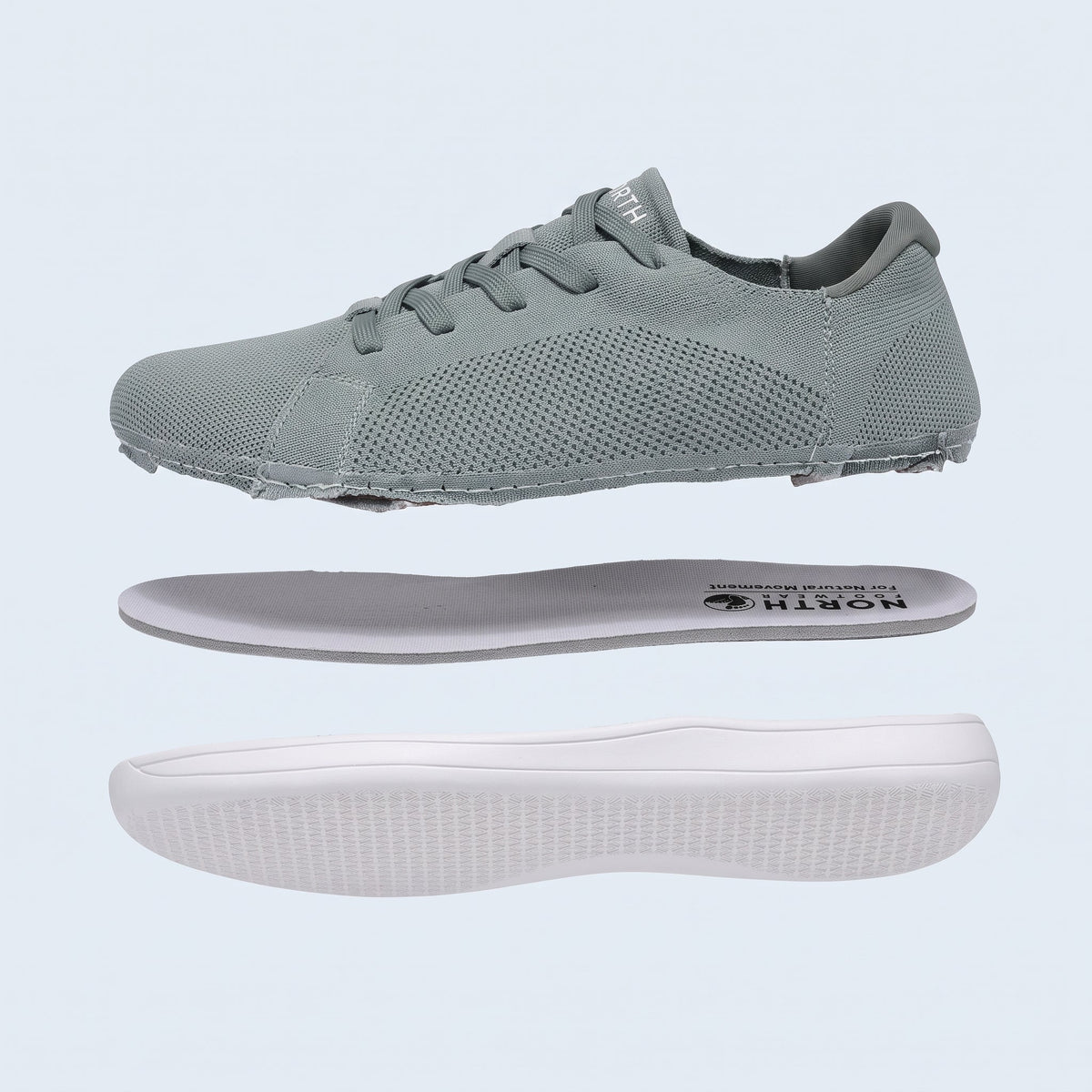 Exploded view of the sneaker showing upper, flat insole and thin outsole