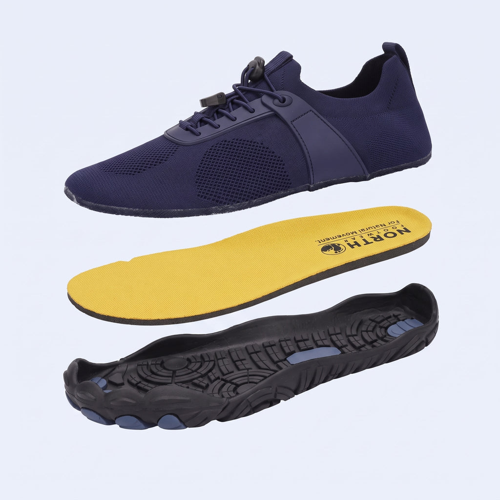 Exploded view of the shoe showing knit upper, flat insole and grippy outsole