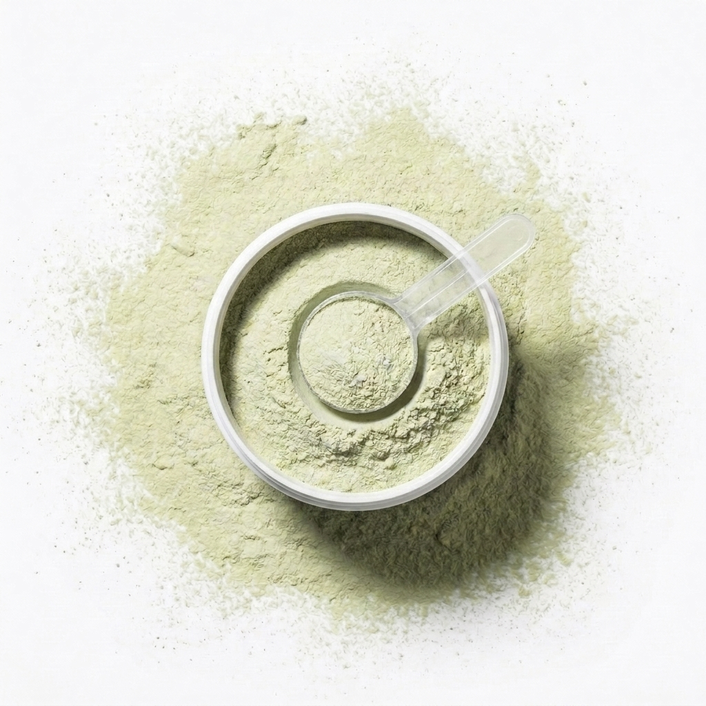 Green seaweed powder with a scoop