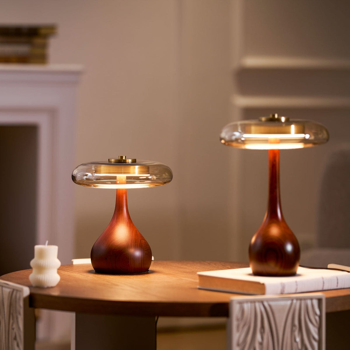 Sienna Table Lamp — 8.7″ Diameter, Walnut & Amber Finish