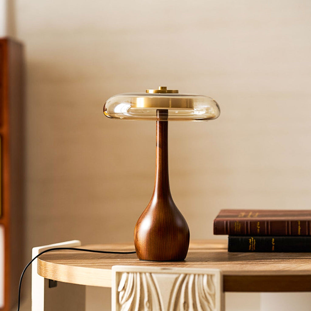 Sienna Table Lamp — 8.7″ Diameter, Walnut & Amber Finish