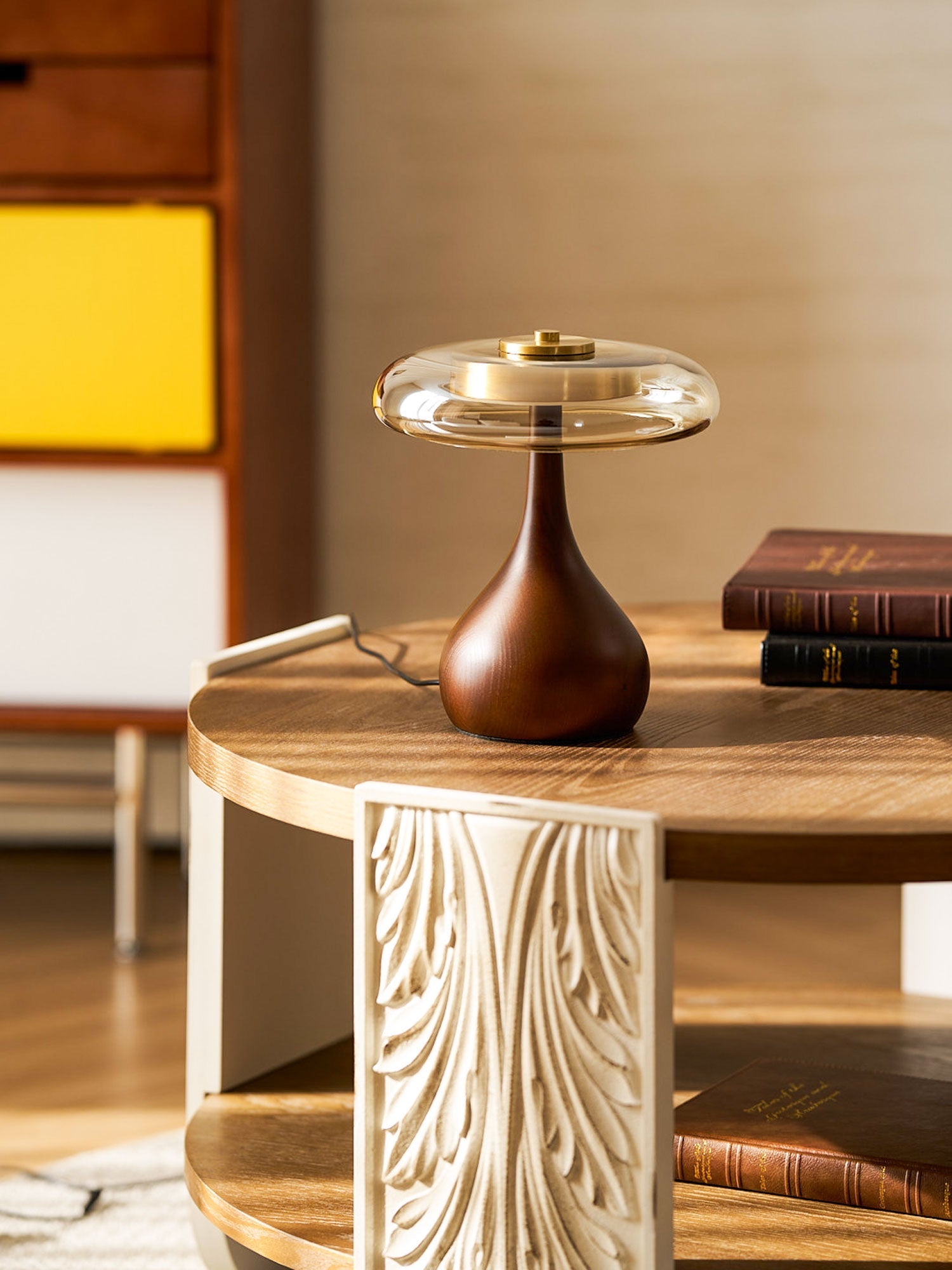 Sienna Table Lamp — 8.7″ Diameter, Walnut & Amber Finish