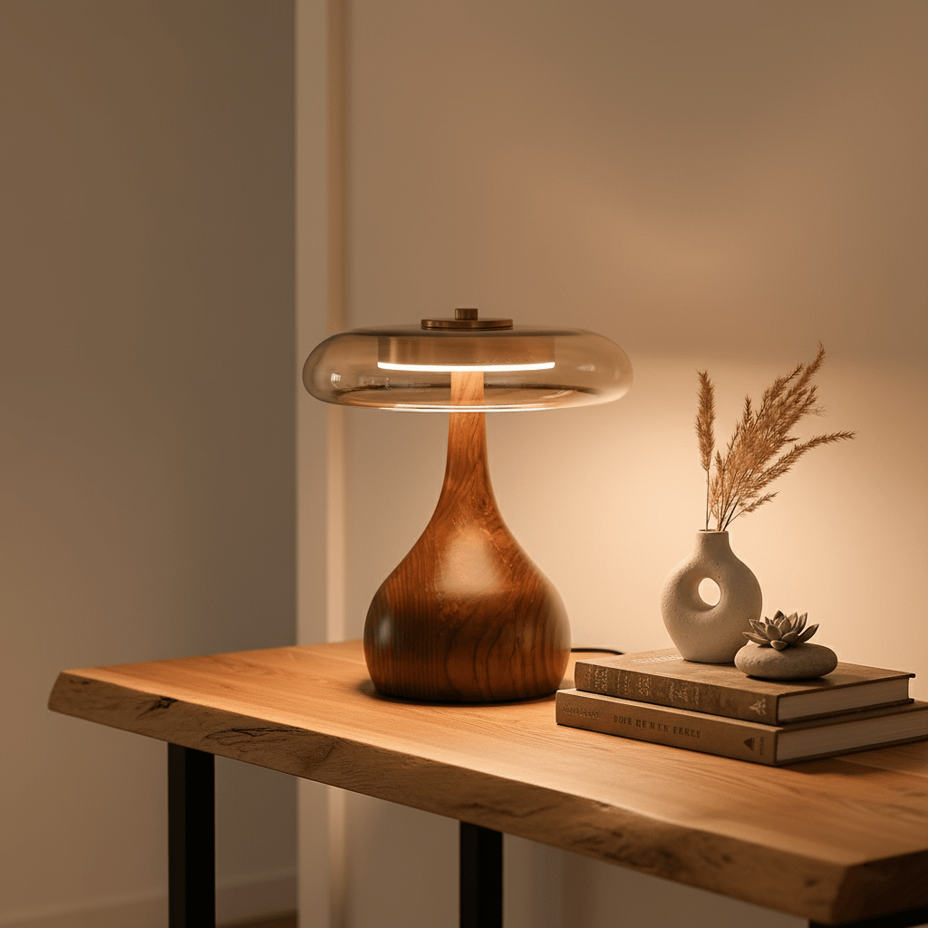 Sienna Table Lamp — 8.7″ Diameter, Walnut & Amber Finish