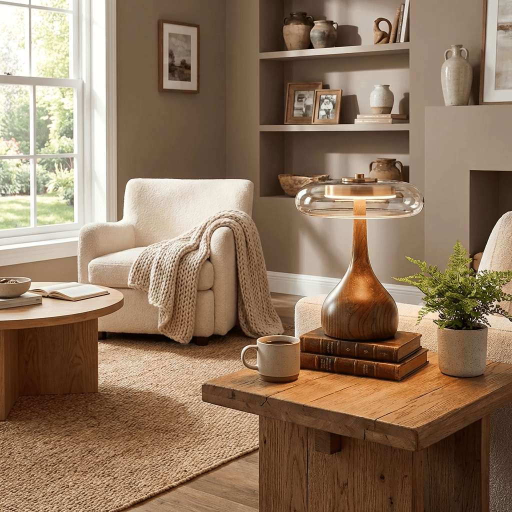 Sienna Table Lamp — 8.7″ Diameter, Walnut & Amber Finish