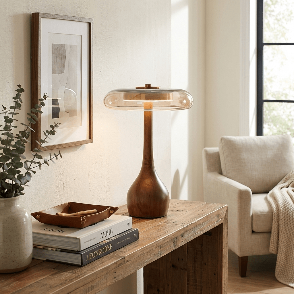 Sienna Table Lamp — 8.7″ Diameter, Walnut & Amber Finish