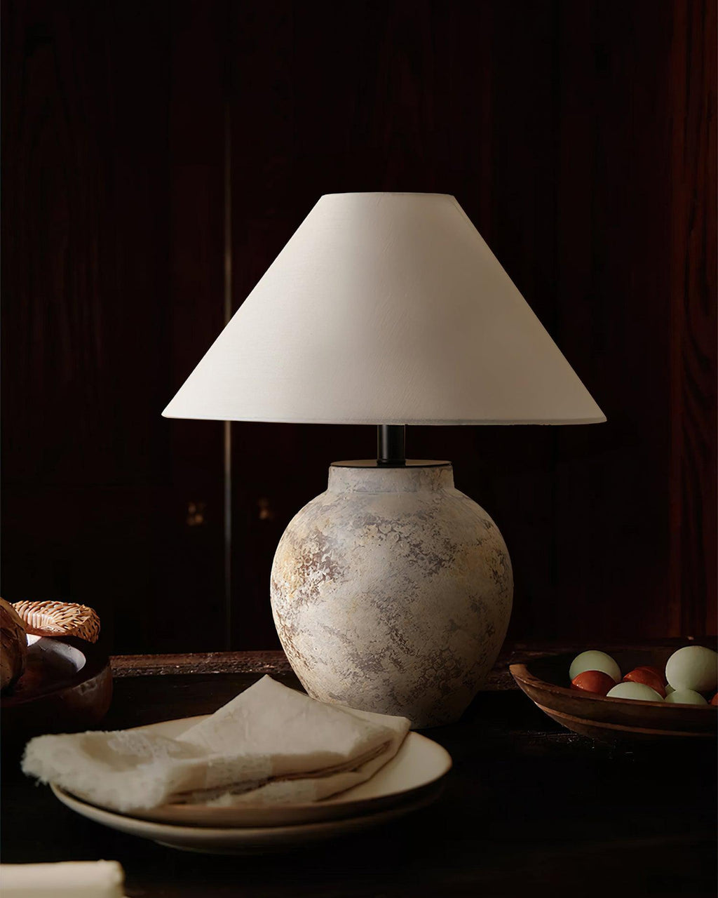 Sierra Clay Table Lamp — Natural Fabric Beige Shade, Plug-Cord Switch
