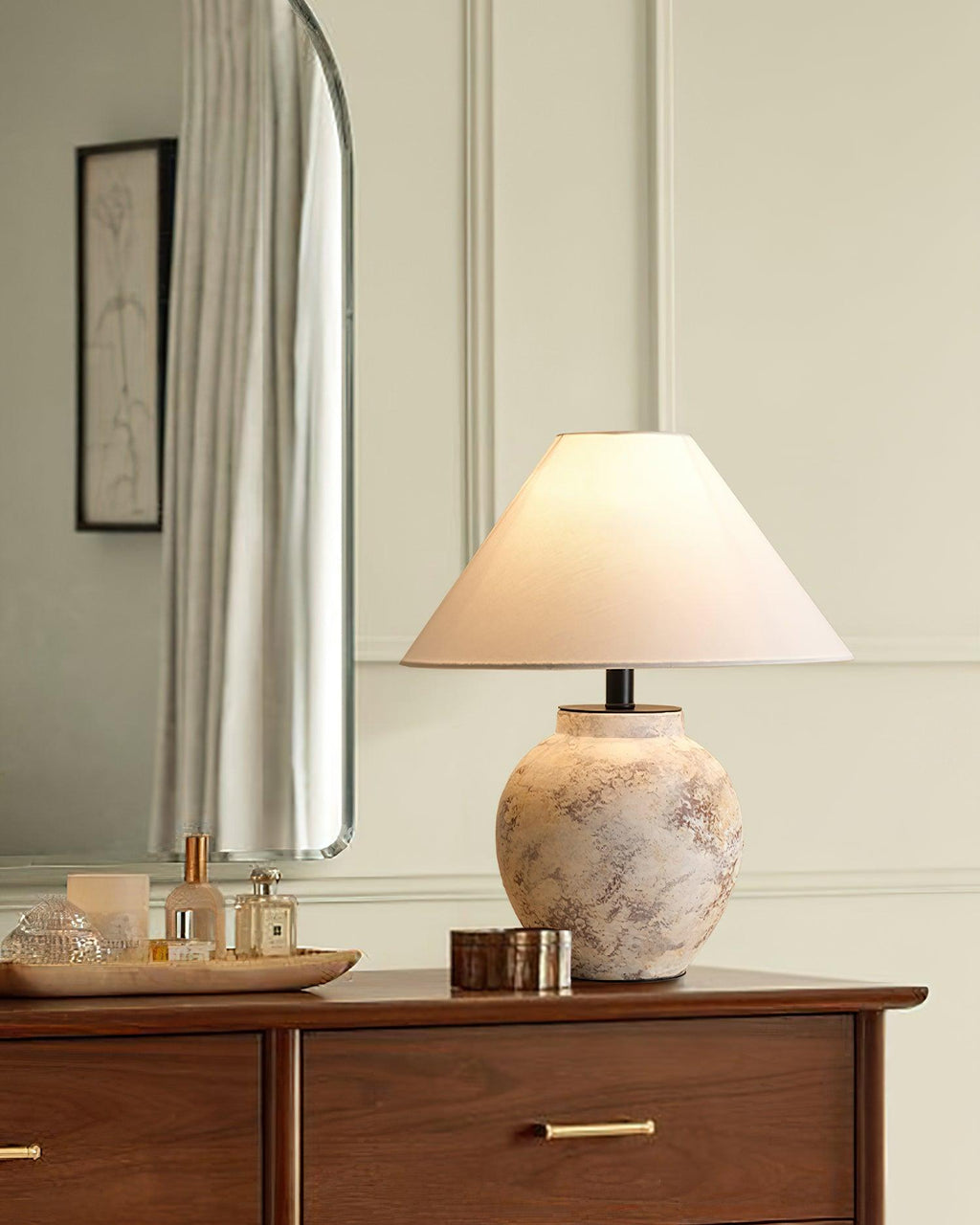Sierra Clay Table Lamp — Natural Fabric Beige Shade, Plug-Cord Switch