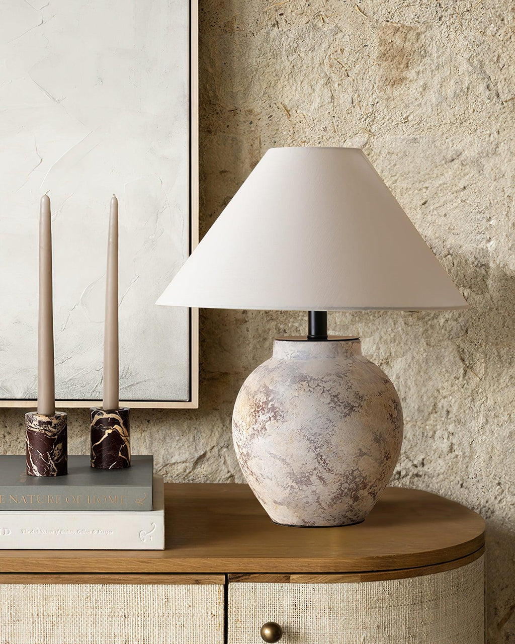 Sierra Clay Table Lamp — Natural Fabric Beige Shade, Plug-Cord Switch