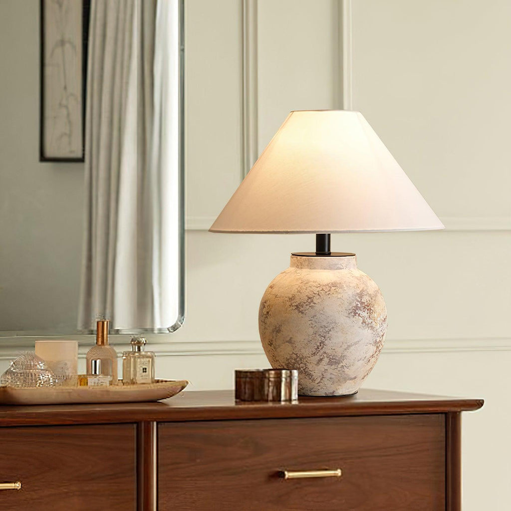 Sierra Clay Table Lamp — Natural Fabric Beige Shade, Plug-Cord Switch