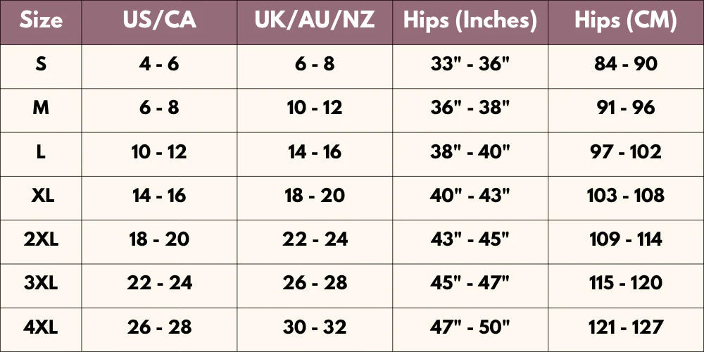 Size chart from S to 4XL with hip measurements in inches and centimetres