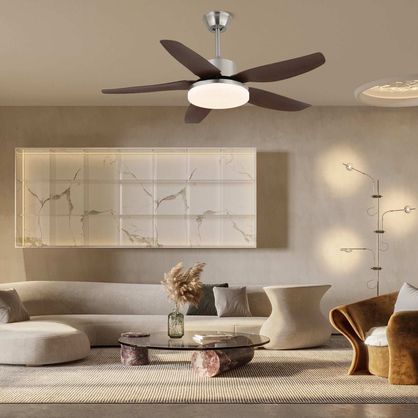 Stropní ventilátorové svítidlo Sofia — teplé LED, dřevěné lopatky
