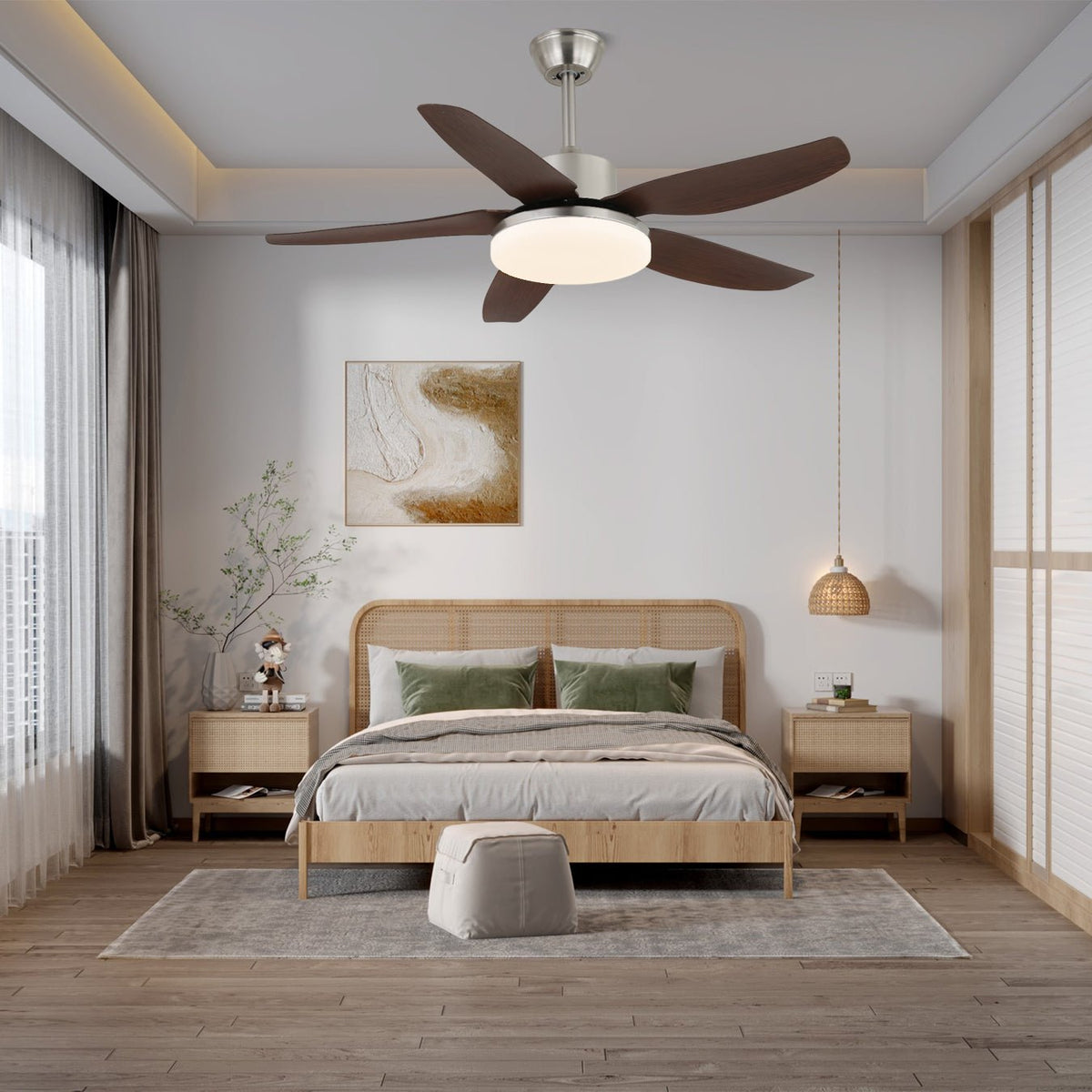 Stropní ventilátorové svítidlo Sofia — teplé LED, dřevěné lopatky