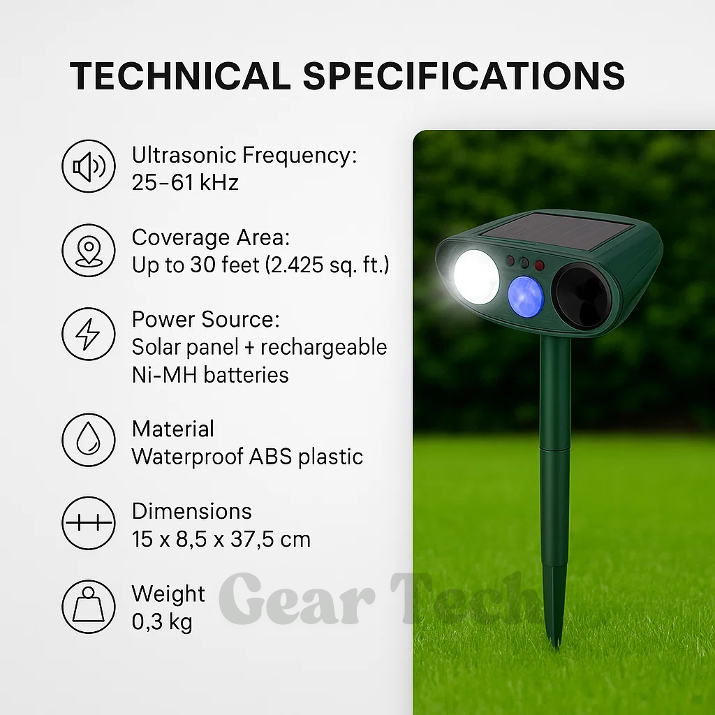 太阳能超声波兔子驱逐器带闪光灯，用于花园害虫防治