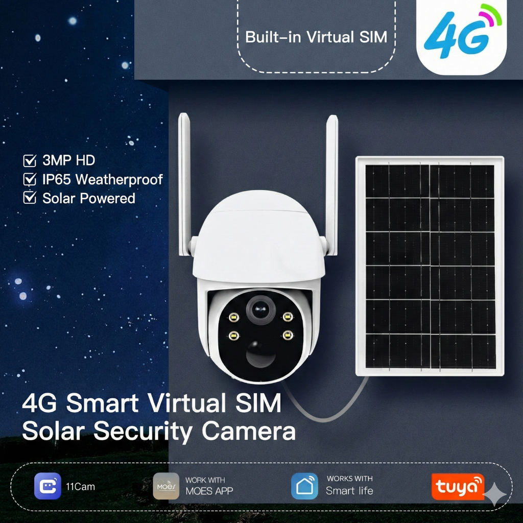 太阳能4G LTE安全摄像头 - 2K高清 - AI运动检测 - IP65防护 - 360°全景旋转 - 双向语音通话