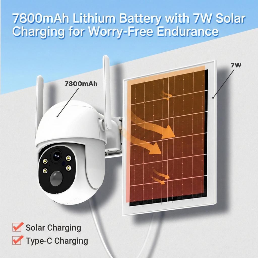 太阳能4G LTE安全摄像头 - 2K高清 - AI运动检测 - IP65防护 - 360°全景旋转 - 双向语音通话