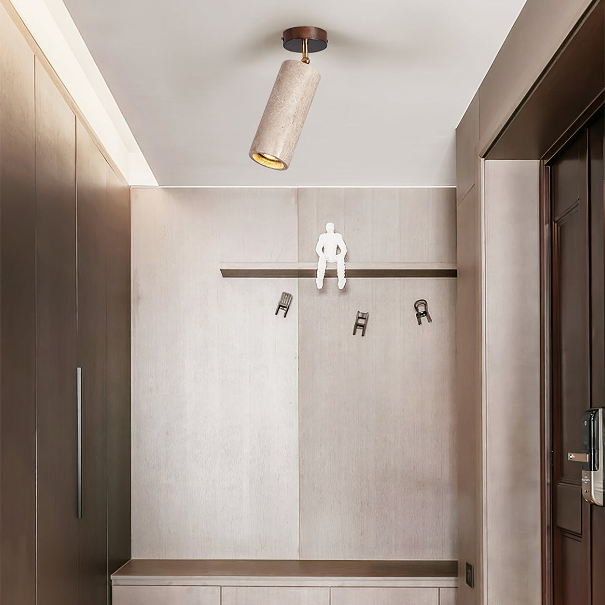 Faretto in pietra Solis — Cilindro in travertino, supporto in legno di noce, snodo in ottone