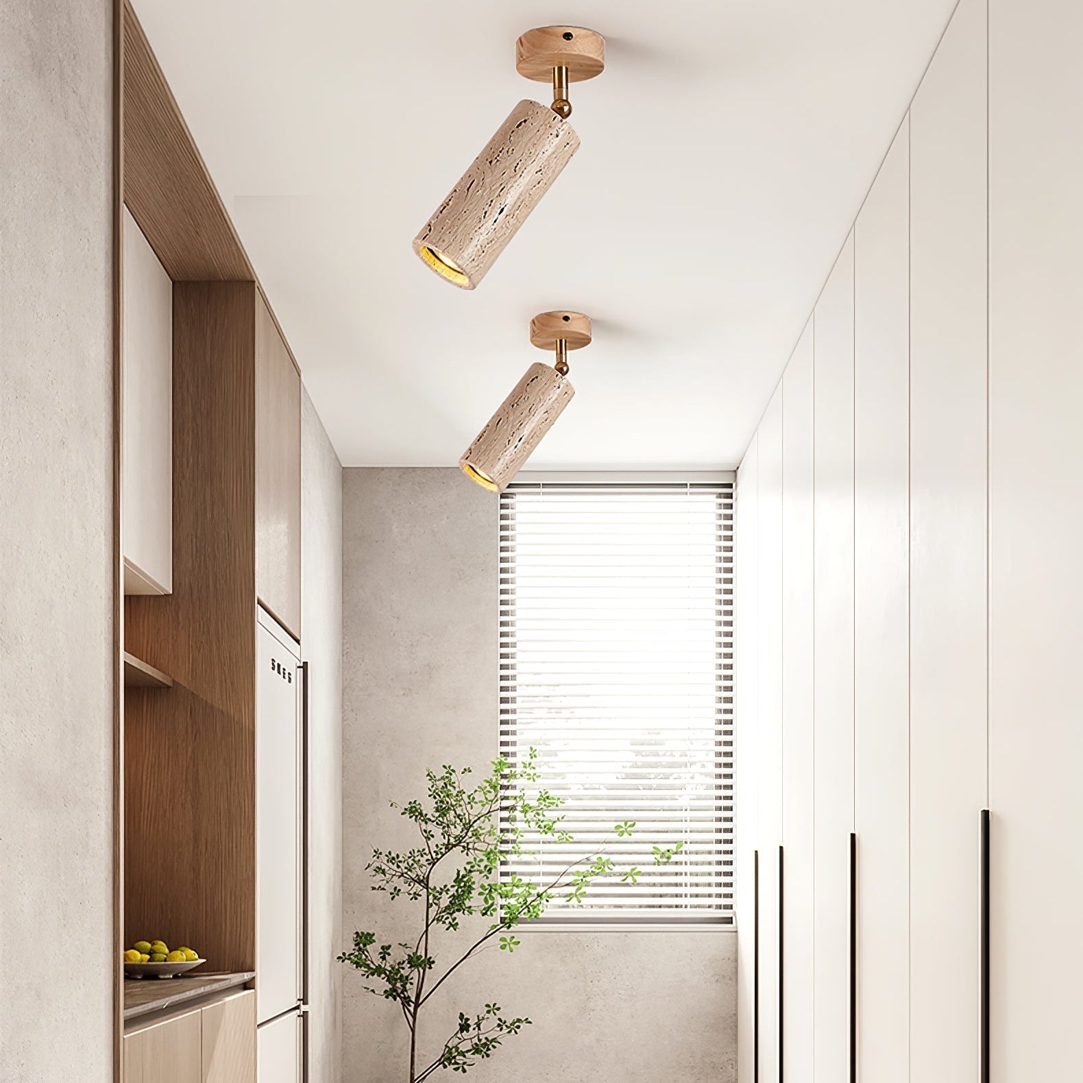 Faretto in pietra Solis — Cilindro in travertino, supporto in legno di noce, snodo in ottone