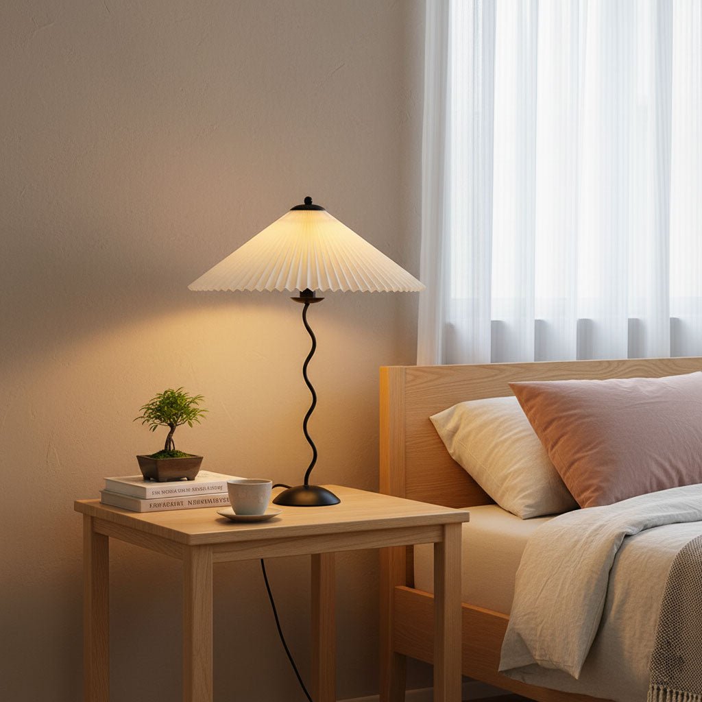 Squiggle Table Lamp — Wavy Stem, Pleated Origami Shade