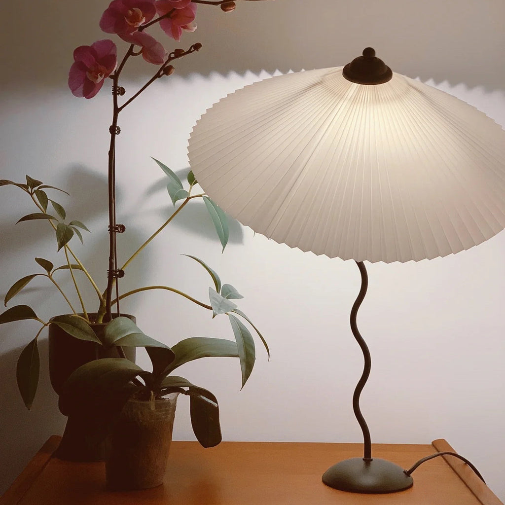 Squiggle Table Lamp — Wavy Stem, Pleated Origami Shade