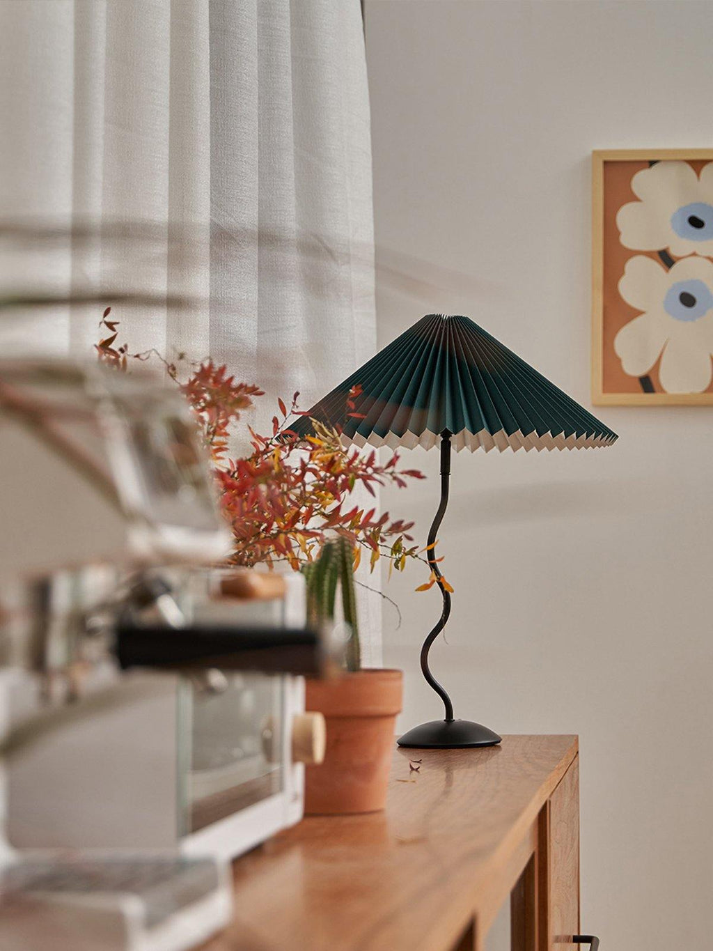 Squiggle Table Lamp — Wavy Stem, Pleated Origami Shade