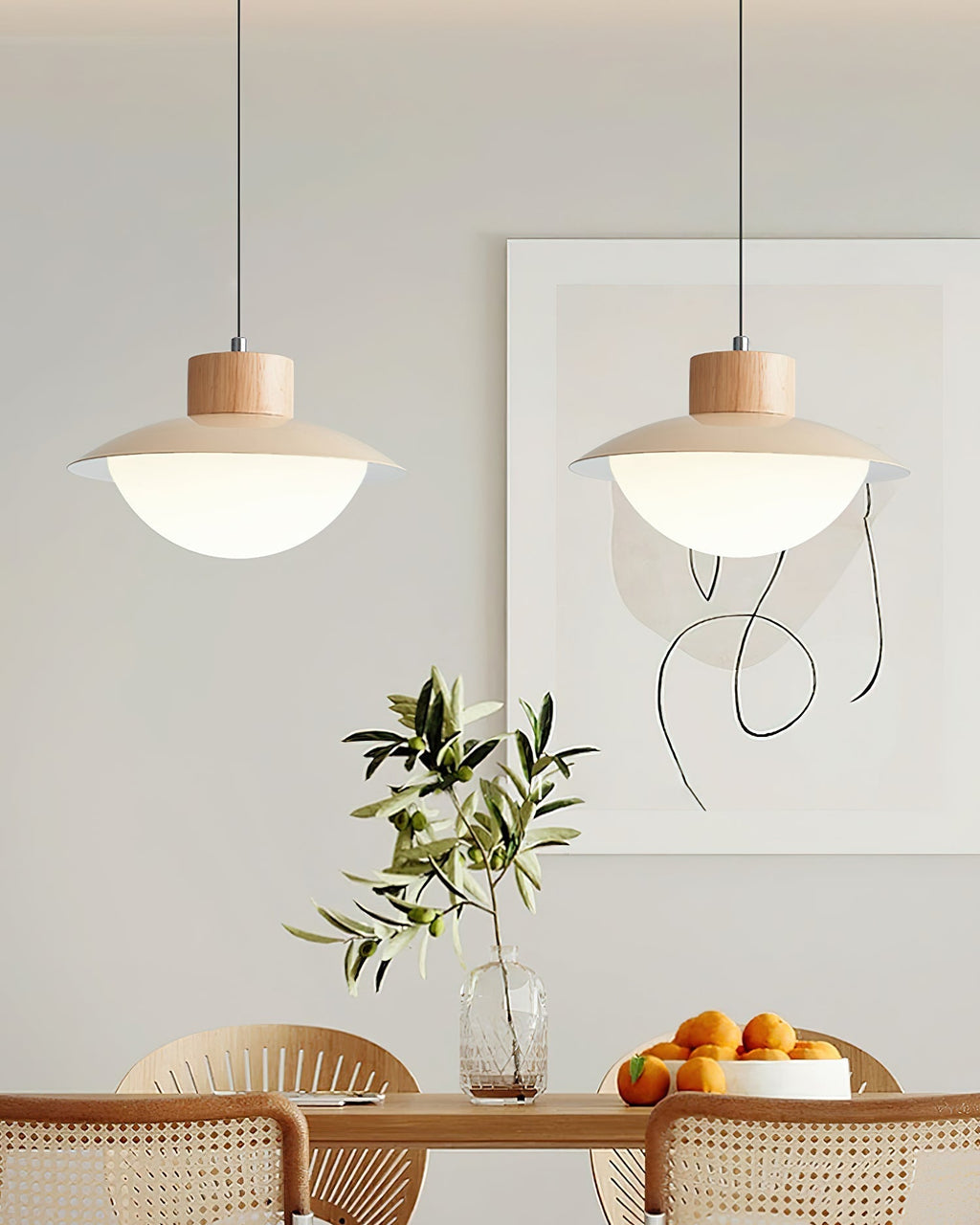 مصباح معلق مقبب بتصميم بسيط - إطار معدني وخشبي، غطاء من PE