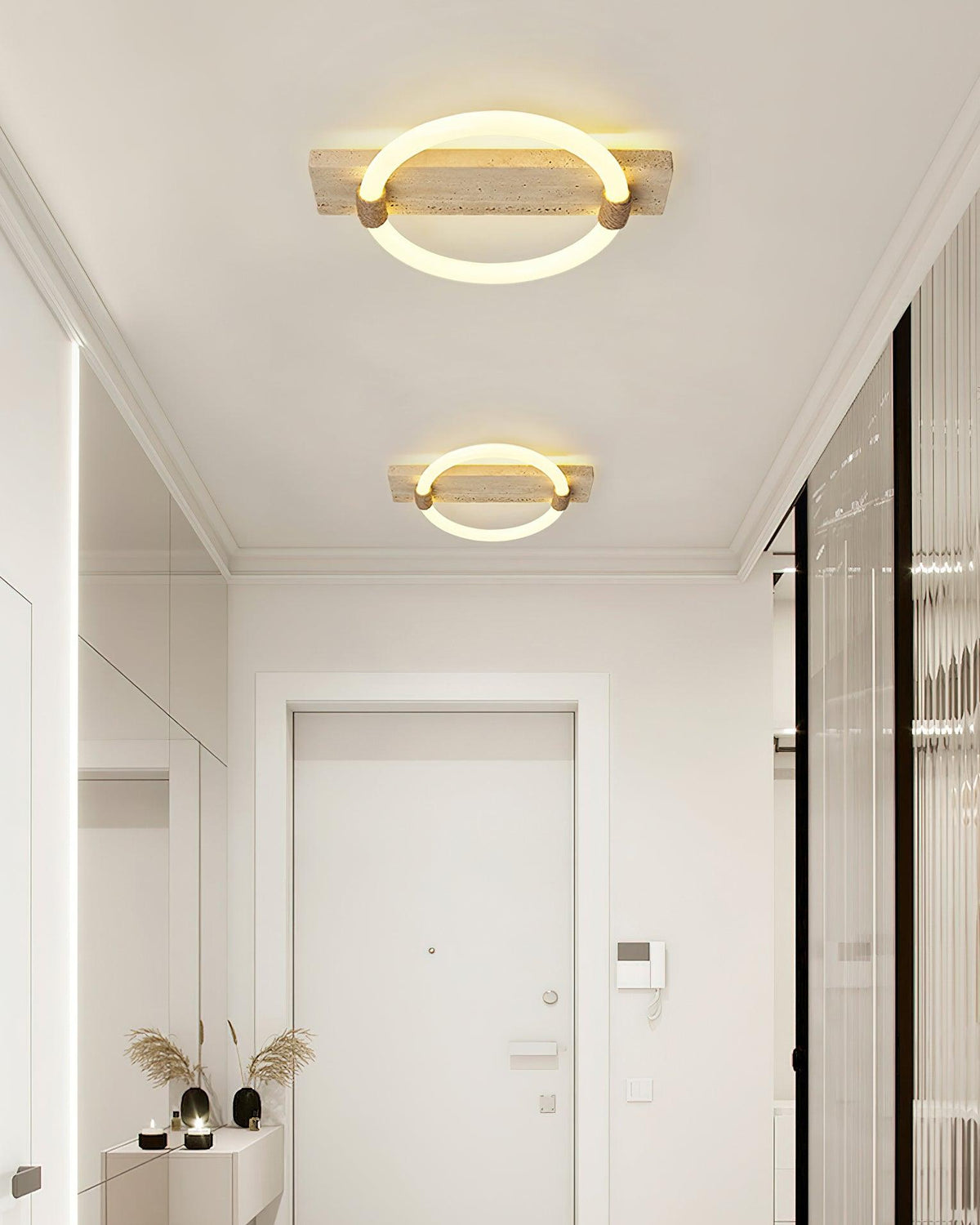 Lampa sufitowa Stonek z trawertynu — minimalistyczna, ze zintegrowaną diodą LED, chłodnym i ciepłym białym światłem