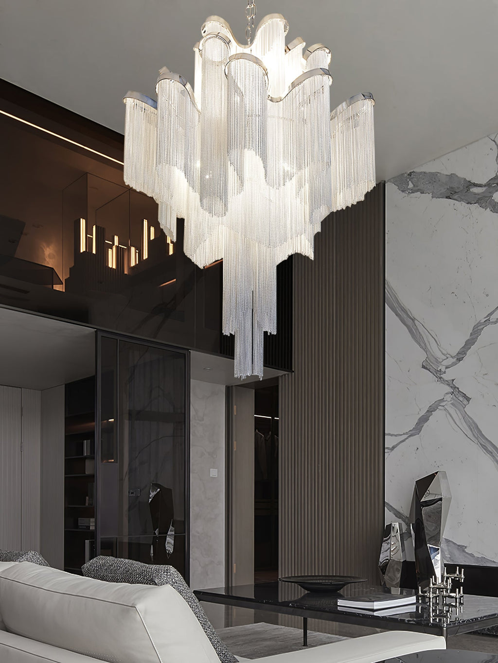 Stream Chain Chandelier — Cascading Link Design, Gold & Silver Finishes