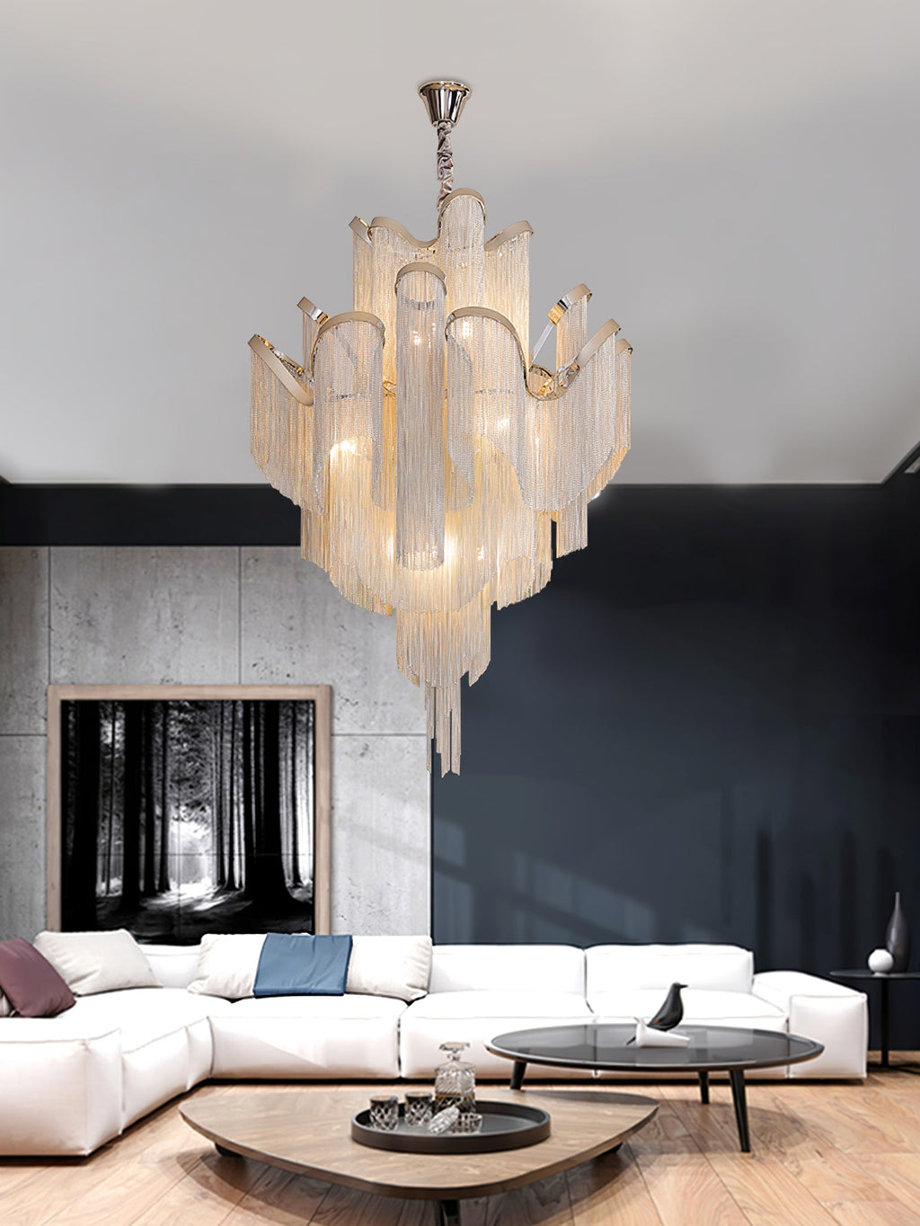 Stream Chain Chandelier — Cascading Link Design, Gold & Silver Finishes