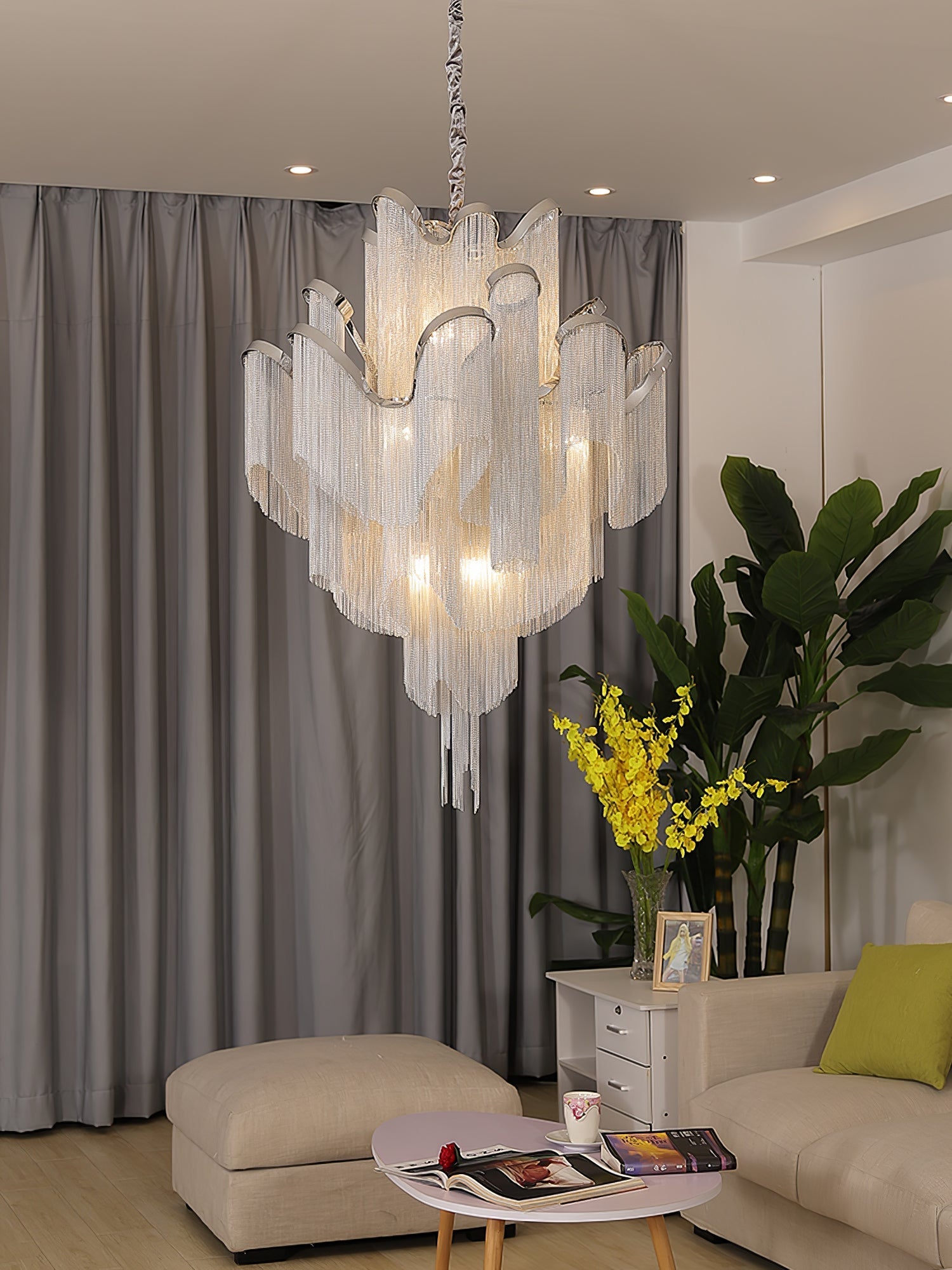 Stream Chain Chandelier — Cascading Link Design, Gold & Silver Finishes