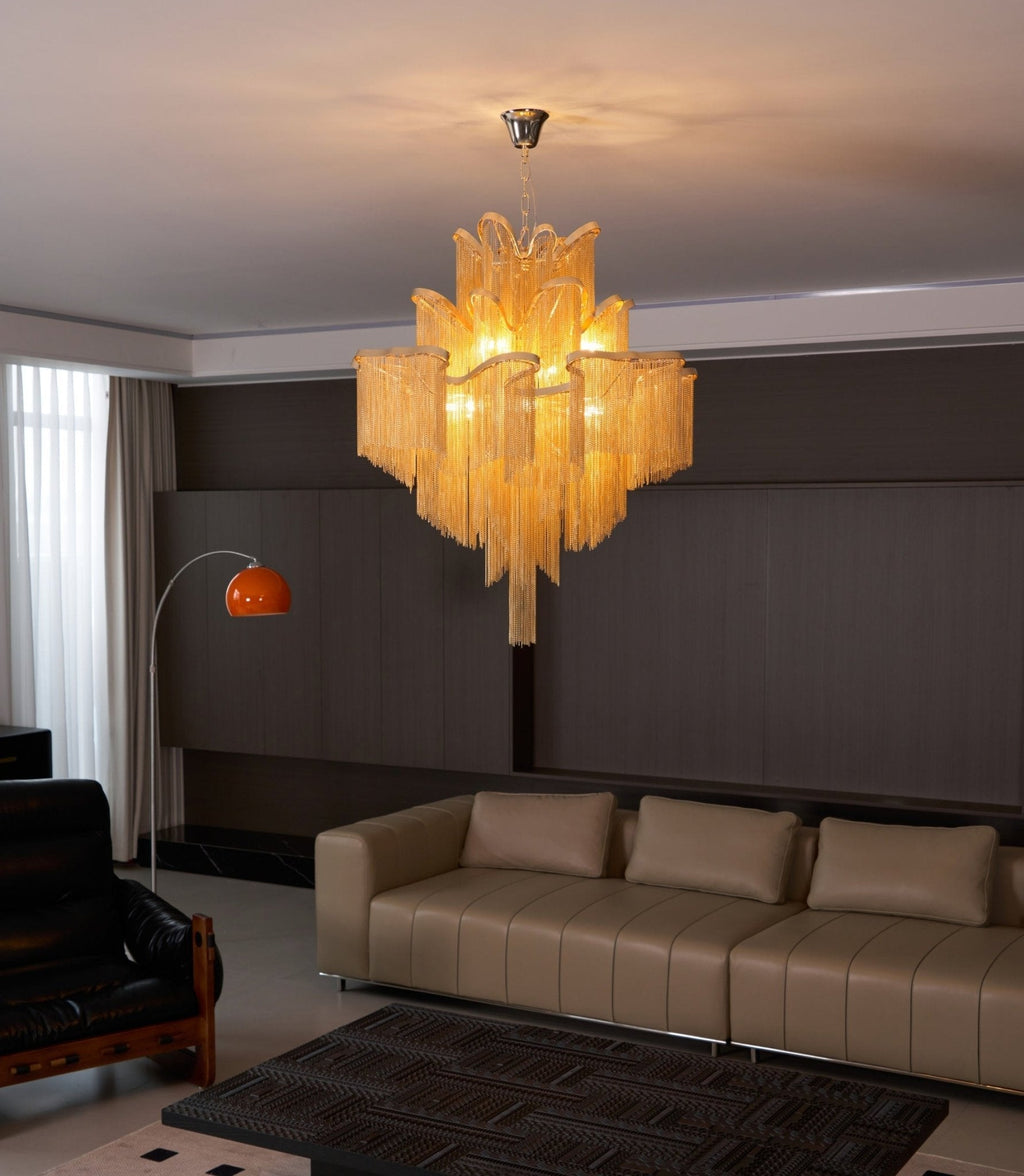 Stream Chain Chandelier — Cascading Link Design, Gold & Silver Finishes